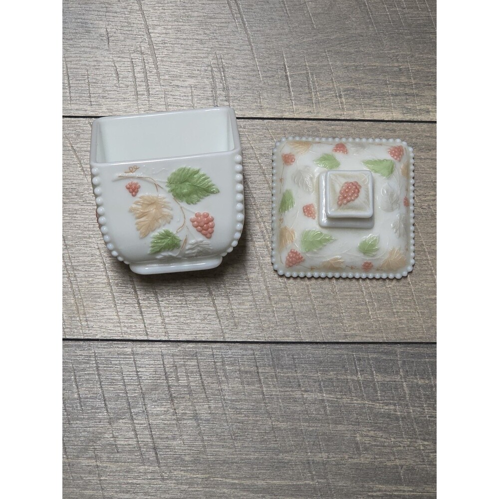 VTG Westmoreland Milk Glass Square Lidded Dish Hand Painted Grape Leaves
